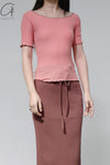 BASERANGE Round neck ruffled ribbed cotton T-shirt TOPA series collection France BAS-TOPA-RBV-WI22-FENHONG Pink TOPA-RB-000